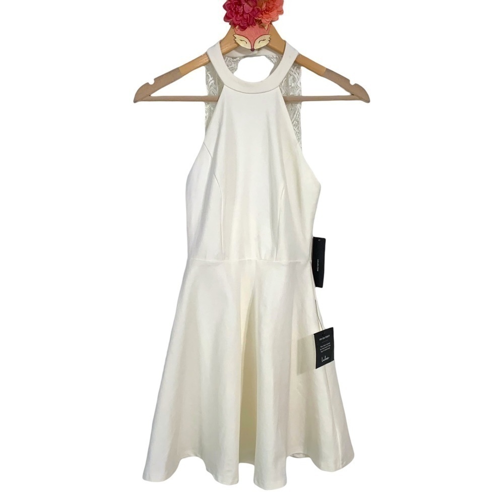 Lulu’s dress ivory white halter lace back fit and flare cocktail size xsmall NWT